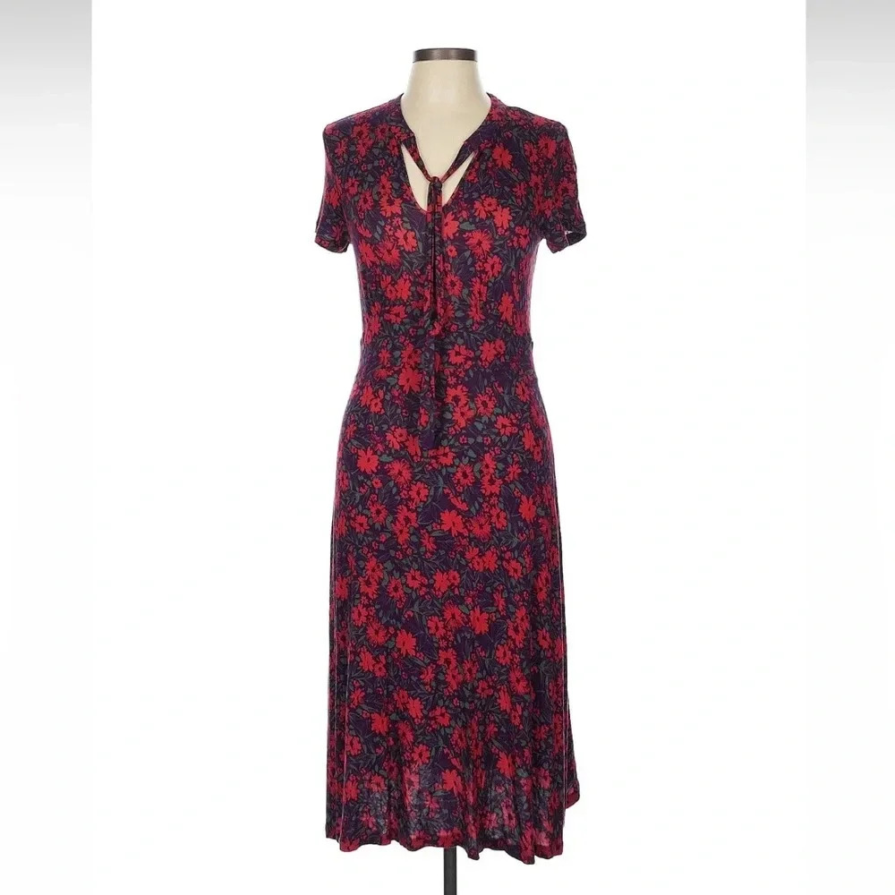 ModCloth burgundy/purple & red floral dress w/ tie neck, tag sz L, RUNS SMALL